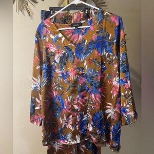 Women's Floral V-Neck Top and Bottom- Brown, Blue, Pink